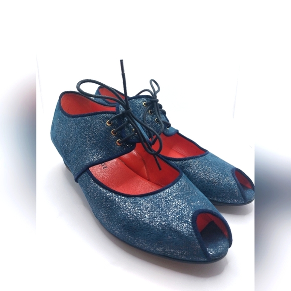 Sparkley Blue Pas De Rouge Red Italian Leather Insoles Peep Toe Wedges s… - Picture 1 of 12